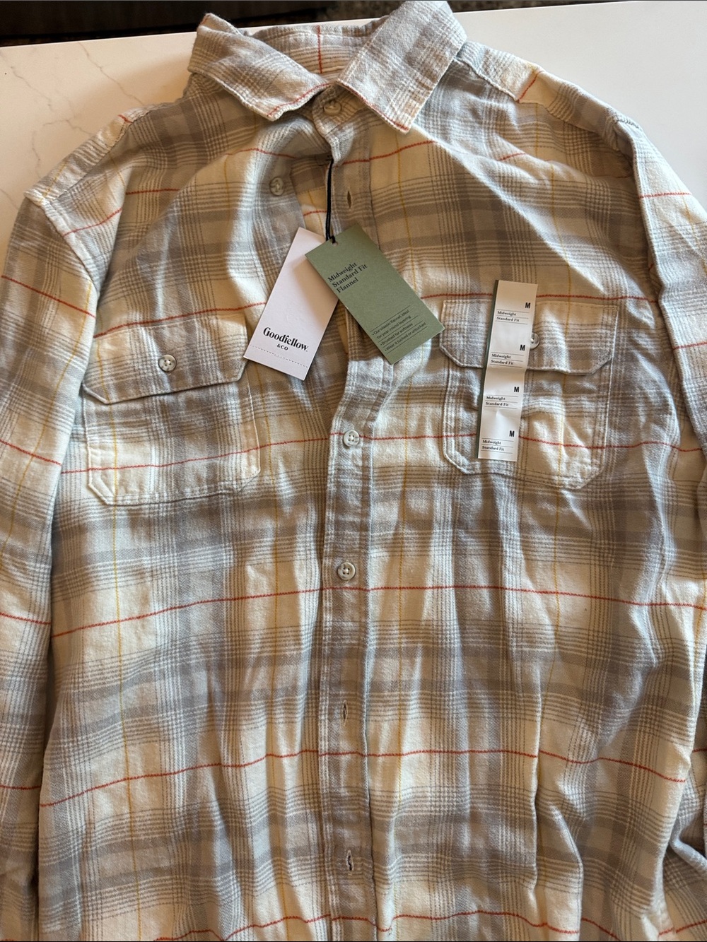 Goodfellow & Co Men's Gray and Cream Plaid Button-Down Shirt with Red Accents
